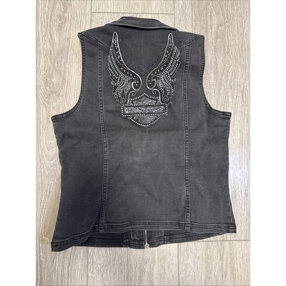 HARLEY DAVIDSON EMBROIDERED WINGED LOGO BLACK FULL ZIP DENIM VEST WOMEN'S SIZE M - Picture 1 of 12